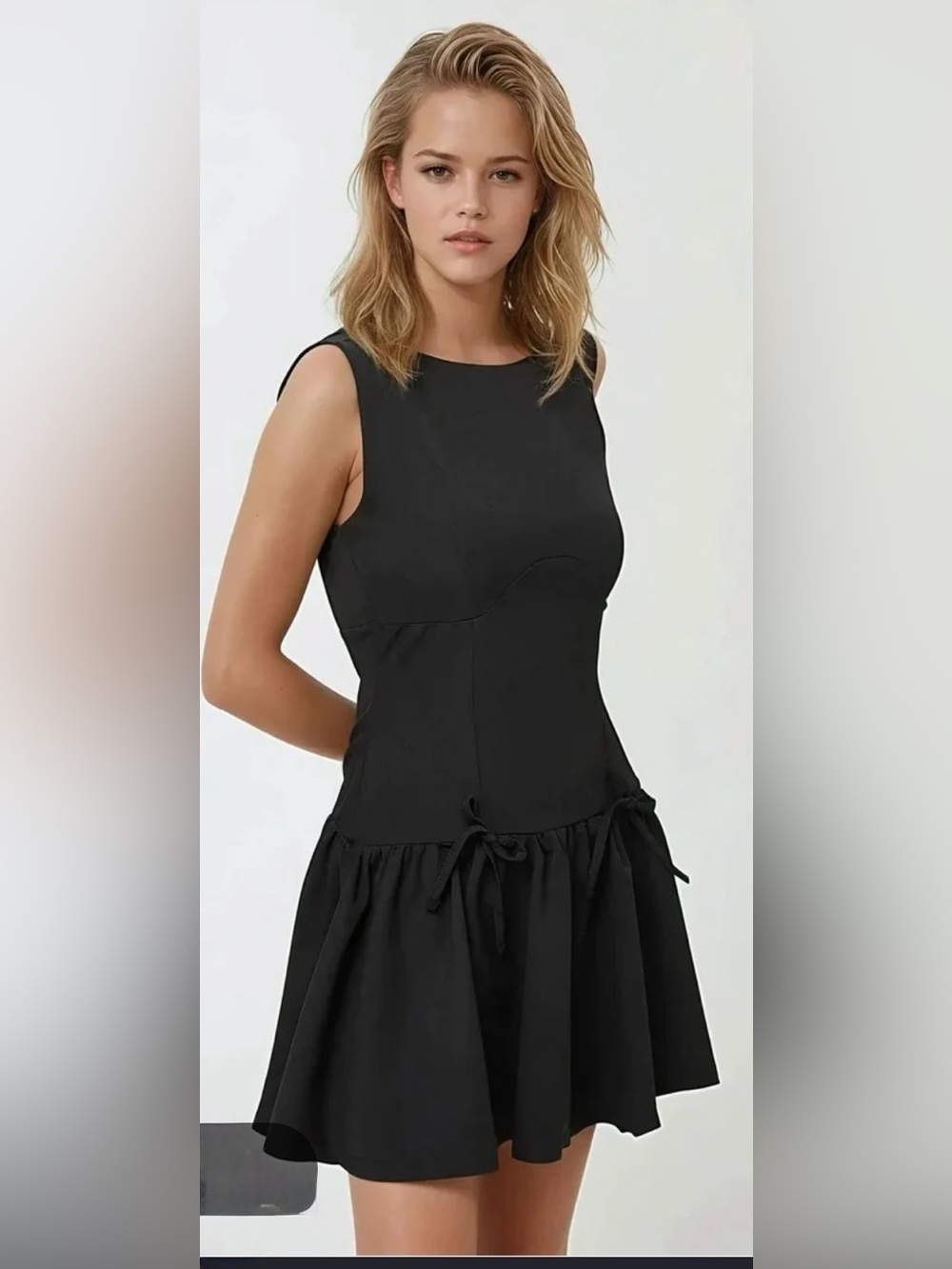 Madden Girl Sleeveless Mini Dress | Fitted Bodice | Ruffled Drop Hem Waist - Picture 2 of 6
